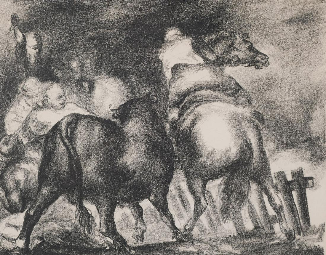 JON CORBINO, Horses Lithograph: Black and white lithograph showing horse and rider by Jon Corbino (American, 1905-1964). Signed "J. Corbino" in pencil in lower margin. Very good condition with minor overall toning. Overall framed si