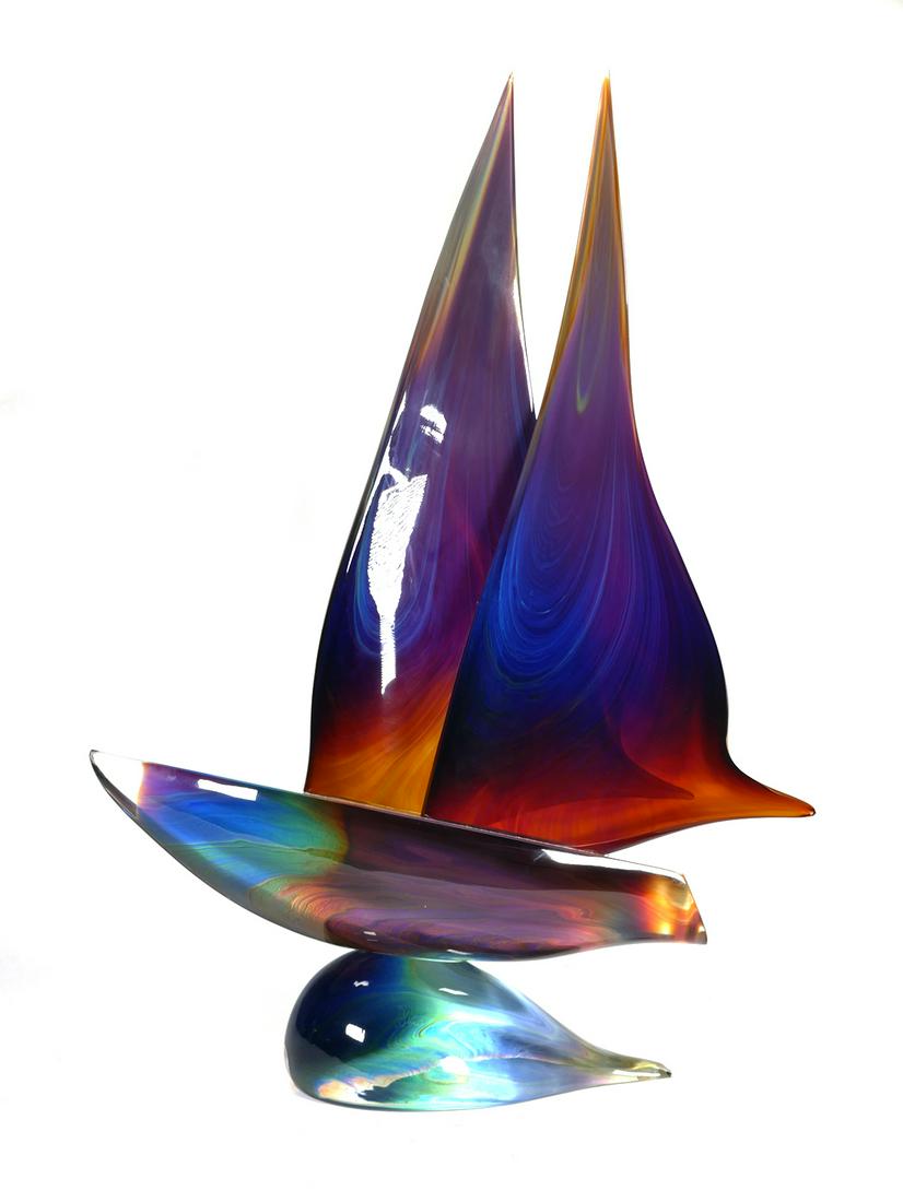 DINO ROSIN, Murano Art Glass Sailboat, Signed: Dino Rosin (Italian, 1948-), Art Glass, Murano Glass Sailboat, Circa 2000. Measures 26” tall. Excellent condition. Solid glass sculpture of a sailboat in swirling reds and blues. Etch signed. Apprai
