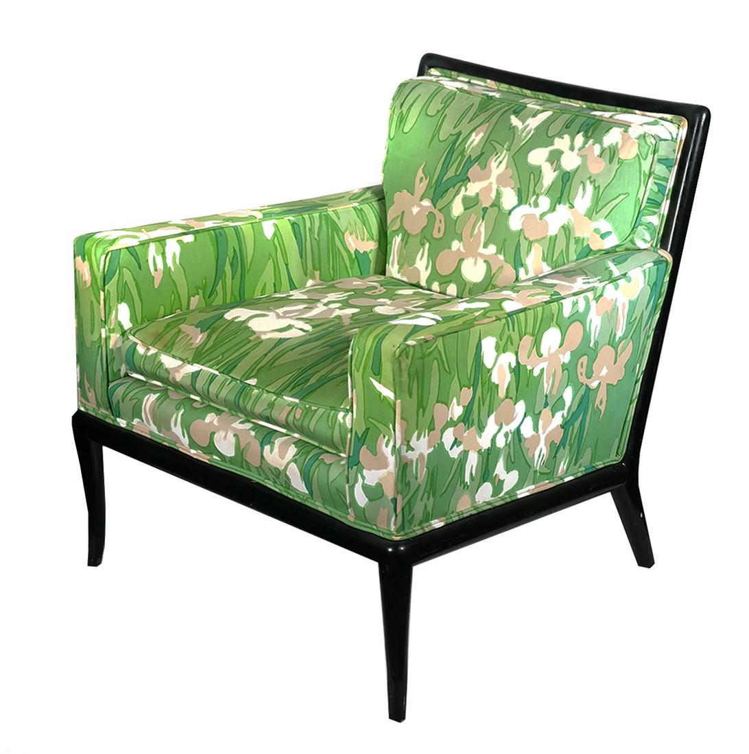 (2) Vintage T.H. Robsjohn Gibbings Arm Chairs: A pair of rare Mid-Century Modern lounge or club chairs by T.H. Robsjohn-Gibbings. Circa 1950's. Chairs have been re-painted and re-upholstered at some point in time. Both chairs have some small stain