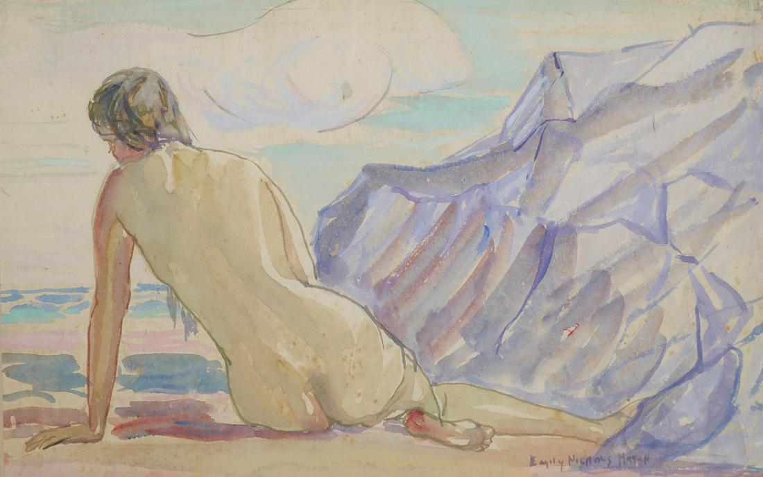 EMILY NICHOLS HATCH, Watercolor: Water color of a female nude reclining, signed at lower left by Emily Nichols Hatch (American, 1871-1959). Excellent condition. Sight size is 16" x 10", framed to 24" x 19".