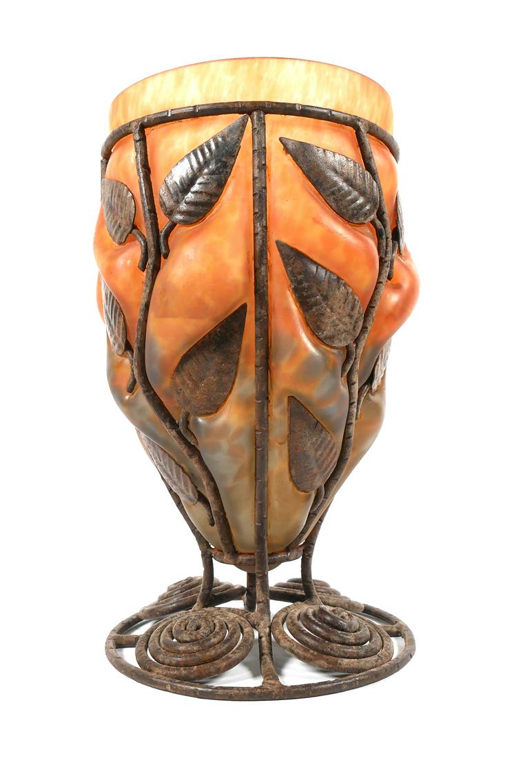LOUIS MAJORELLE Metal & Art Glass Vase: Louis Majorelle metal and art glass vase. 10" molded blue and red vase blown into a leaf design. Mold attributed to Schneider, unsigned. Overall height 11 1/2" x 6 1/4" at rim. Circa 1920. No cracks o