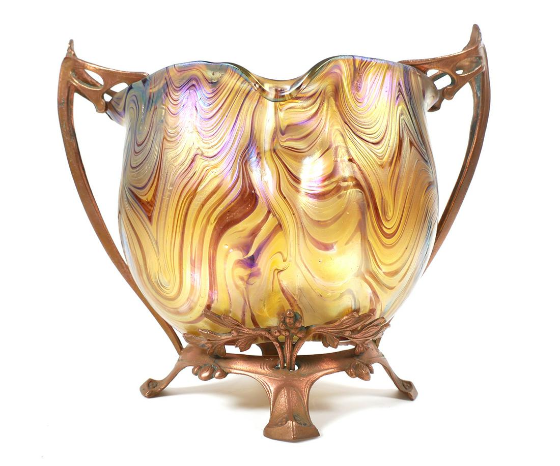 LOETZ Bronze Mounted Art Glass Vase: Loetz Bronze Mounted Art Glass Vase, iridescent yellow/amber glass, bronze footed and handled mount. Signed "LOETZ AUSTRIA" under base. Measures 7 3/4" high at the handle. Excellent condition with no