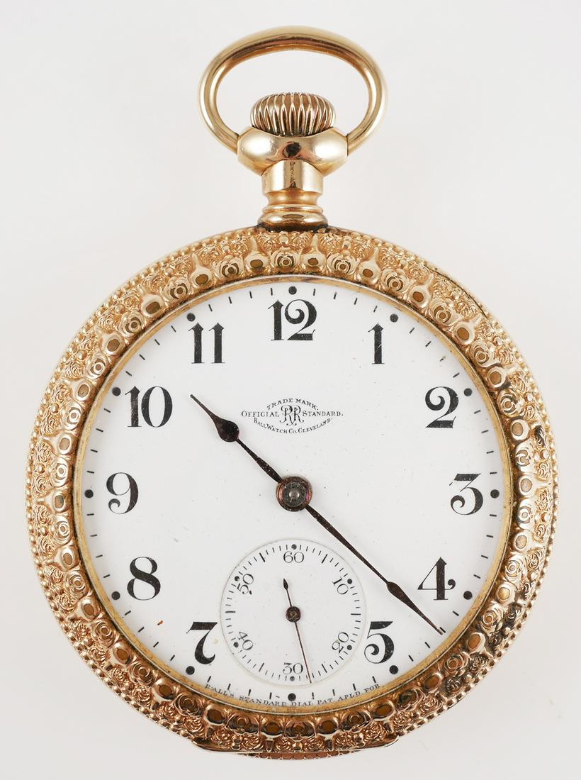 BALL HAMILTON Railroad Pocket Watch: Hamilton openface railroad pocket watch. Grade 999G, model 1a, circa 1906. Pocketwatch is size 18s with 19j. Serial number 503079. Ornate gold tone case with floral design, no monograms. Case measures