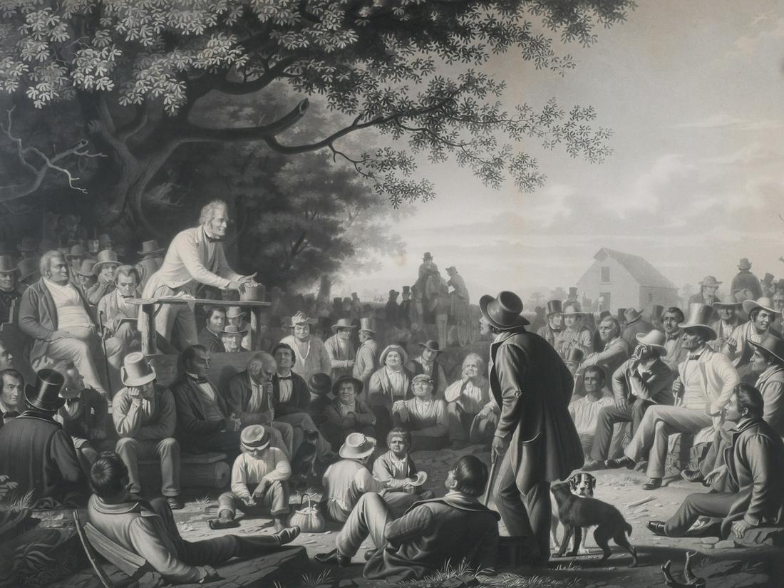 George Caleb Bingham, Stump Speaking 1856: After George Caleb Bingham (American, 1811-1879), "Stump Speaking", 1856, engraving and mezzotint, published by Fishel Adler & Schwartz, New York, engraved by Louis-Adolphe Gautier. Overall framed siz