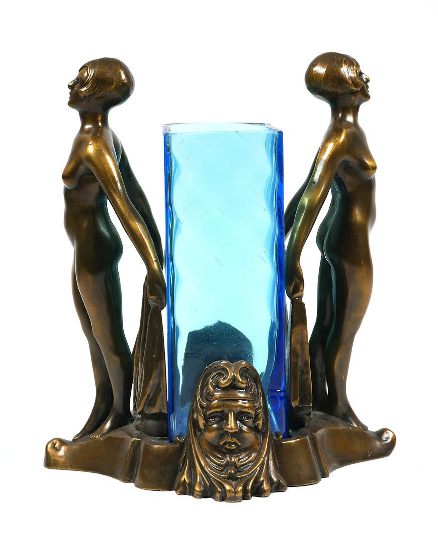 ART DECO Double NUDE Cast Stand Centerpiece Vase: Vintage Art Deco spelter figural nymphs. Nude women are positioned back to back with blue rectangle vase in the middle, offset by two faces on the base, similar to what was produced by Frankart. Stand