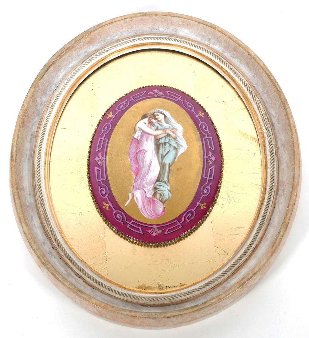 LIMOGES Hand Painted Porcelain Plaque: Continental painting on porcelain plaque depicting two Greek or European women, unsigned. Plaque measures approx. 10" x 7" centered in oval frame 19 1/4" x 15 1/4". Frame has a gold mirror backing wit
