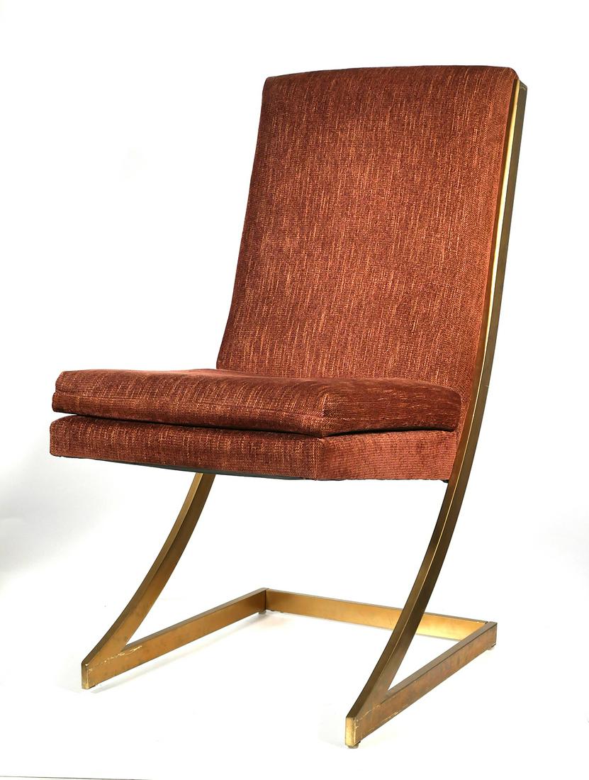 (6) Milo Baughman Cantilever Z Dining Chairs: Six cantilever design dining chairs constructed with steel frames finished in a rare brushed bronze metal. Attributed to Milo Baughman for Design Institute of America.