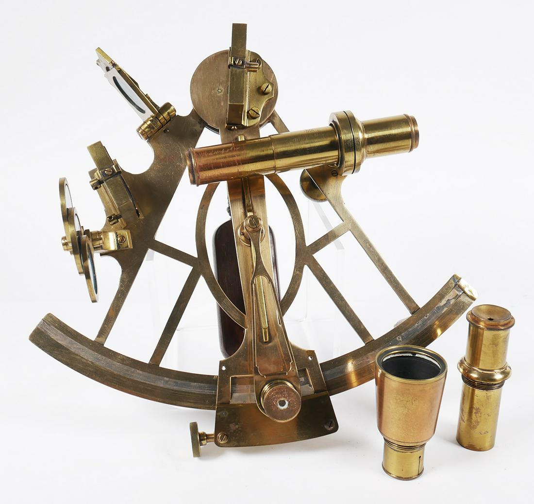 AINSLEY Antique Maritime Nautical Brass Sextant: Antique brass marine sextant by Thomas Lidell Ainsley, of Cardiff, Barry and Newport, Wales. 10" arc marked to 150. Storage box has remnant of B. Cooke & Son paper label. Three eyepieces included. Sex