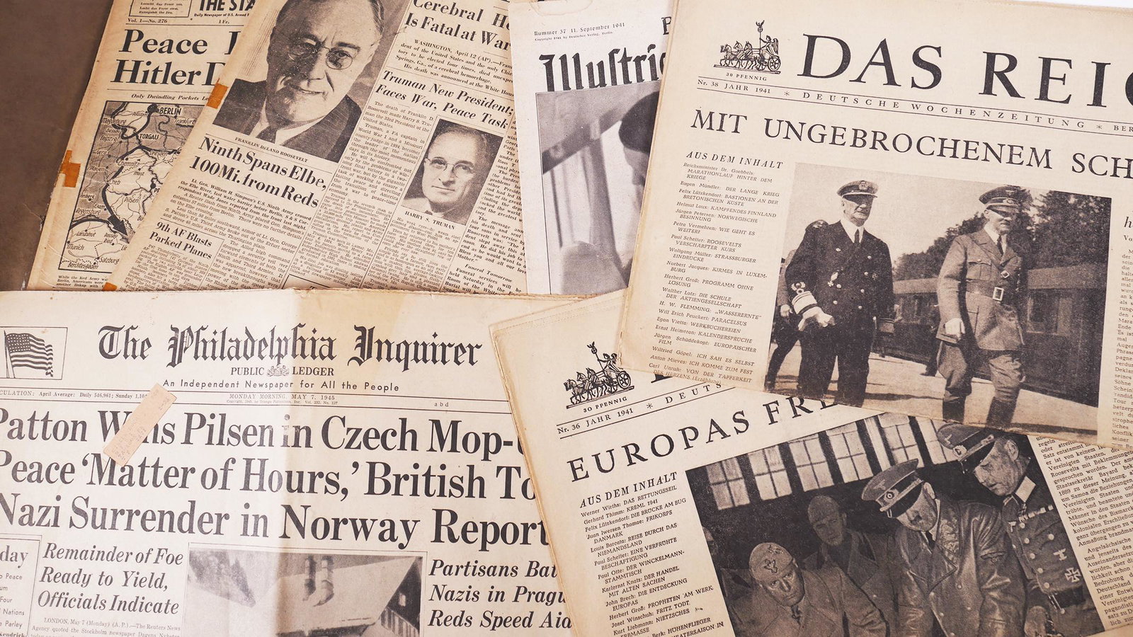 WWII US German Newspapers & YANK Magazines: Collection of WWII newspapers & magazines. Lot includes issues of Stars & Stripes, Yank, Das Reich & Berliner. Notable newspaper is The Sun, Dec. 8, 1941 Pear Harbor Attack, US Declares War. Other iss