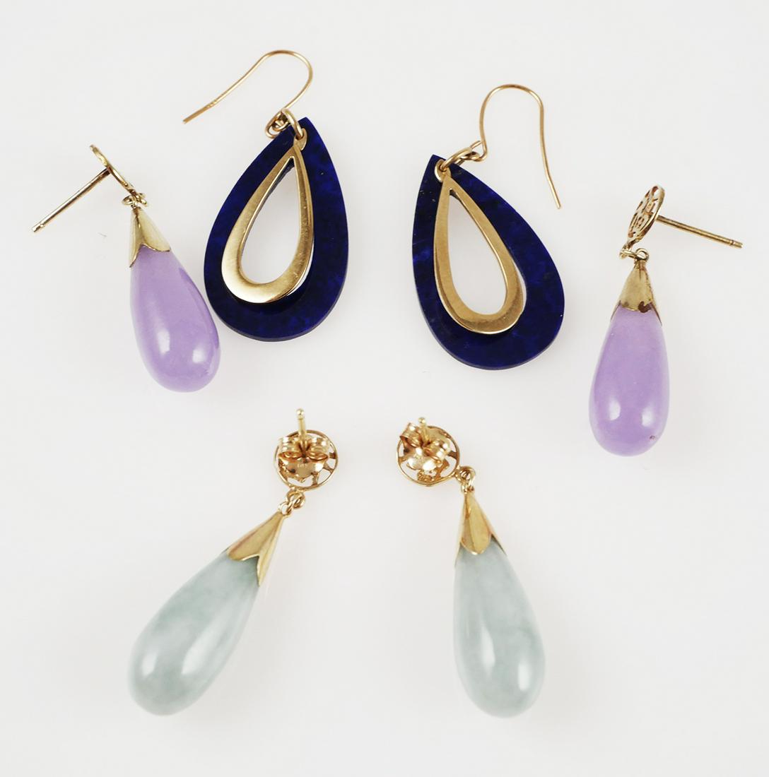 (3) Pair 14K Earrings Green Lavender Jade & Lapis: Three pair of 14K yellow gold earrings. 1) Green jade with 14K push back posts. 1 1/4" long. 2) Lavender or purple jade (no backs). 1 1/4" long. 3) 14K gold and lapis lazuli with fish hook backs. 15/1