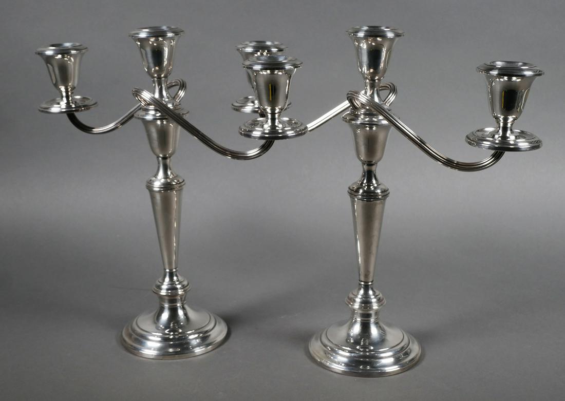 Pair Vintage GORHAM Sterling 808 Candelabra: Pair of vintage Gorham 808/1 weighted sterling silver 3 candle candelabras. Marked on base and on screw mounted top. Approx. 11 3/8" tall X 11 5/8" wide. Excellent condition with light wear and tarnis