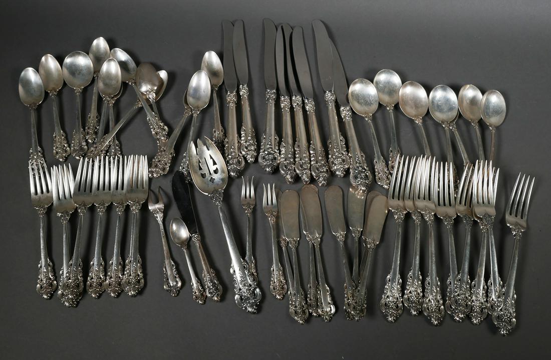 Wallace GRAND BAROQUE Sterling Silver Flatware Set: Wallace Silversmiths Co. is one of America's oldest and most fabled producers of flatware, dating back to the early 19th century. Grande Baroque is one of Wallace's three celebrated patterns. 58 piece
