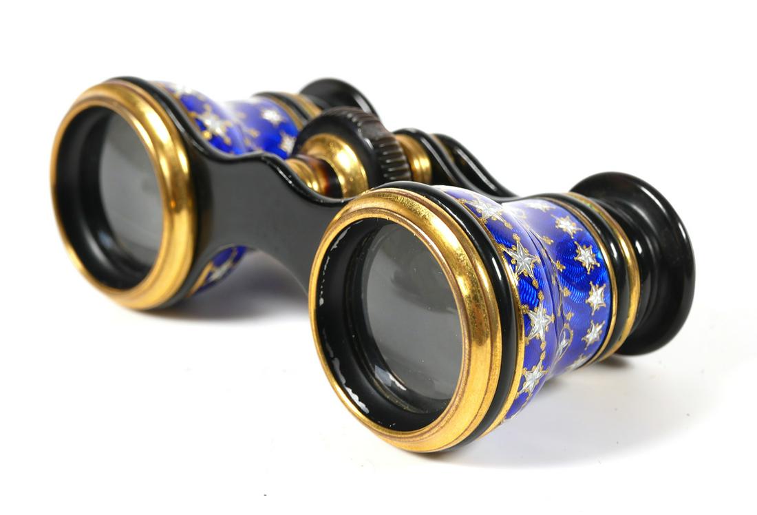 Old FRENCH Enamel Opera Glasses & Case: Antique opera glasses by Hazebrouco Ingenieur Opticien, 18 Rue de la Paix, Paris France. The theater binoculars are in blue enamel with ornate silver stars and fleur-de-lis with gold borders. Tortoise