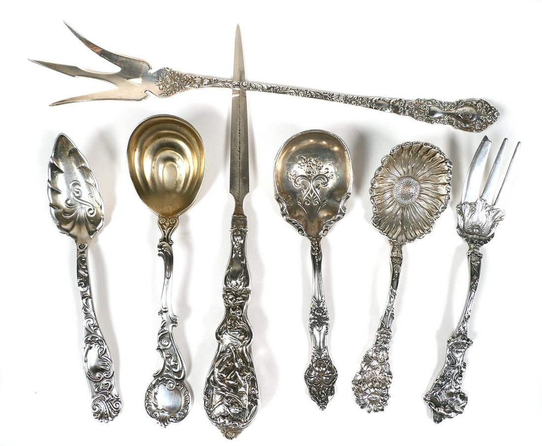 (7) Sterling Art Nouveau Flatware Pieces: Seven pieces of Art Nouveau era sterling silver, including Shiebler and Paye & Baker. Six Troy ounces total (hollow-handled letter opener counted as 1/2 ounce).