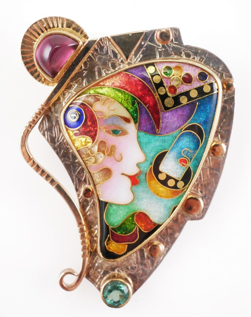 PETER ALEXA Enamel Cloisonne Brooch Pendant: Peter Alexa Smarsh handmade enamel cloisonne brooch or necklace pendant in sterling silver, 14K and 22K yellow gold. Multicolor design of a woman. Artist signed on back and marked 22-14-KT S.S. Measur