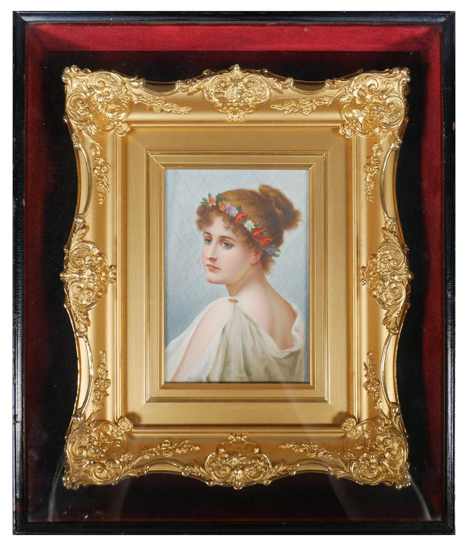 KPM Porcelain Portrait Plaque, Sontag: Signed portrait on porcelain, KPM quality (framed in shadow box). Signed Sontag. Likely a royal family member. Box measures 13" x 11", and portrait is about 5-3/4" x 3-3/4" sight size. Excellent condi