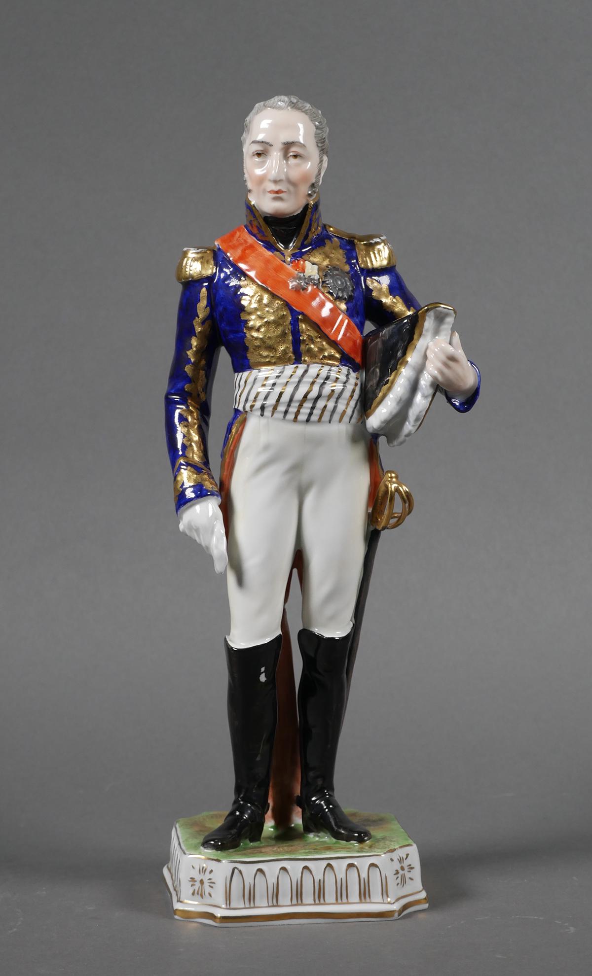 DRESDEN Carl Thieme, Edouard Mortier (Napoleon): Dresden porcelain figure of Adolphe Edouard Casimir Joseph Mortier, 1st Duke of Trevise, who served under Napoleon I. Measures 11-1/4" high. Fine condition.