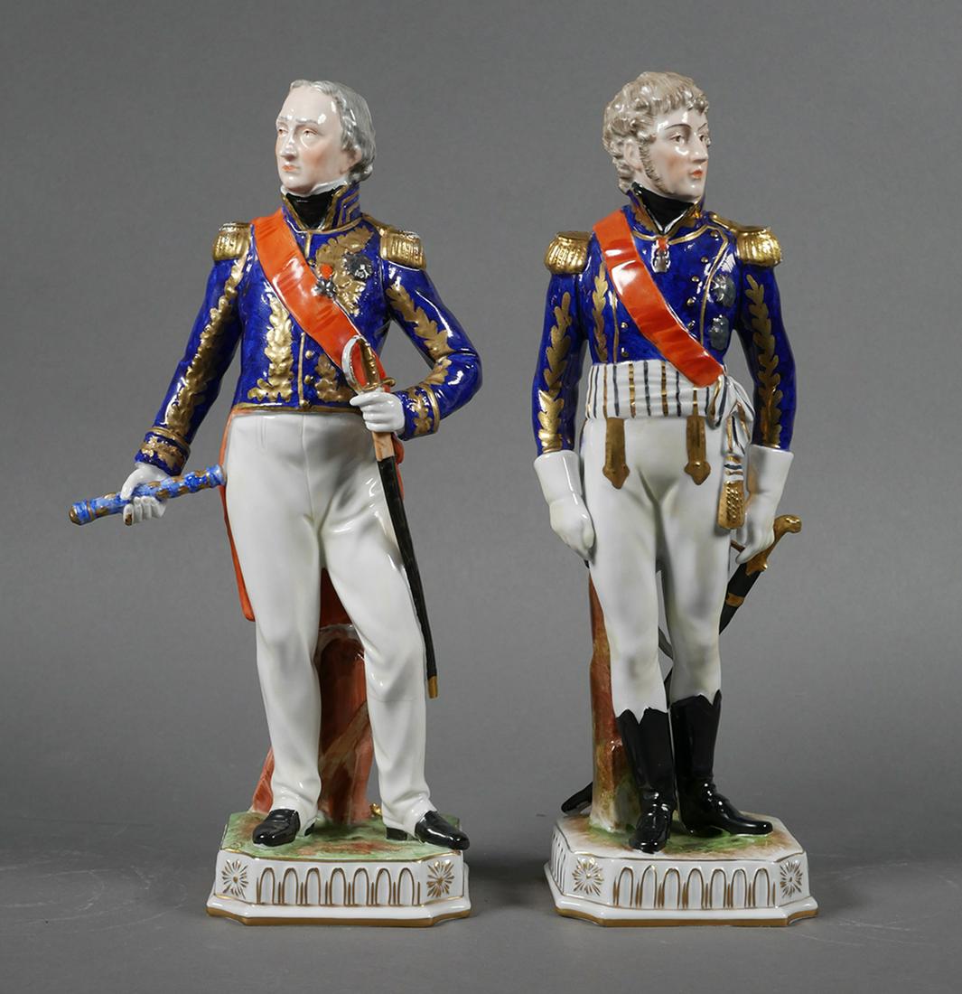 DRESDEN Carl Thieme, 2 of Napoleon's Marshals: Dresden porcelain figures of two marshals who served Napoleon I, Jean-de-Dieu Soult and Joachim Murat. Each measures about 11-1/4" high. Soult figure has a hairline around left calf and a chipped tip 
