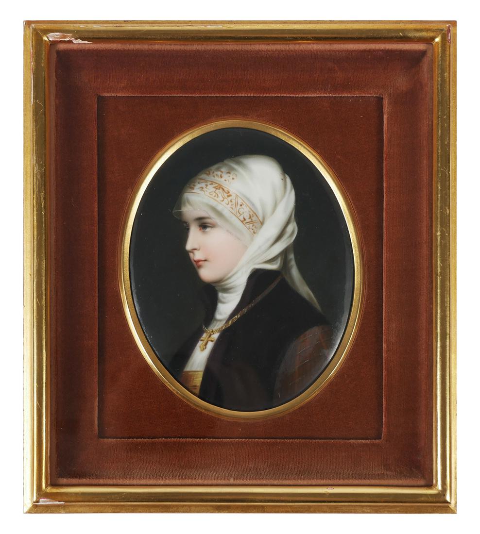 Limoges or KPM Porcelain Portrait Plaque: Antique porcelain handpainted portrait on porcelain, possibly KPM or Limoges. Measures about 5" x 4" , framed to 8-1/2" x 7-3/8".