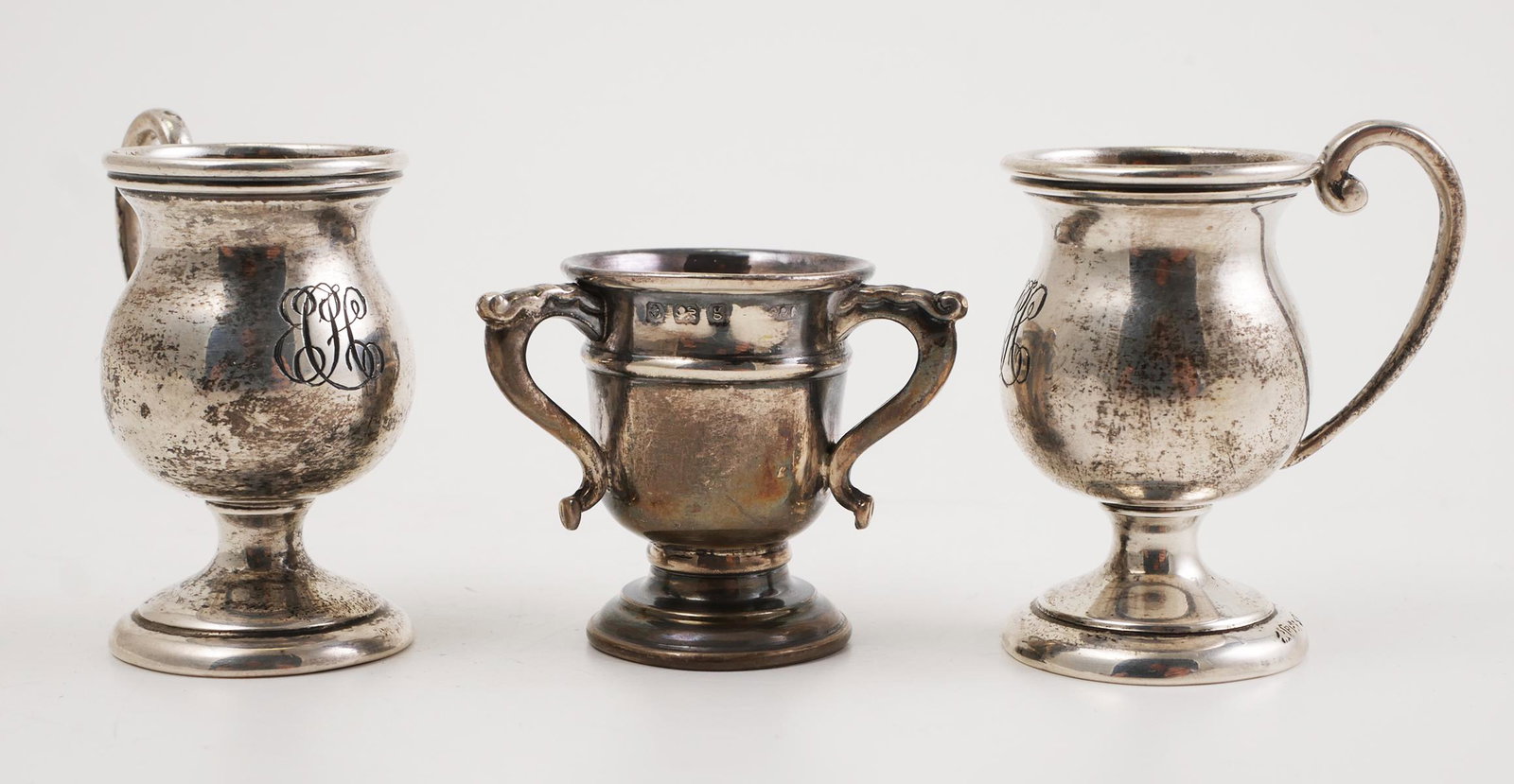 (3) George III Style Sterling Dollhouse Miniatures: Vintage miniature sterling silver loving cup (English hallmarked) and two monogrammed tankards (Reed & Barton). From a large estate collection of silver miniatures, some of which are in today's sale. 