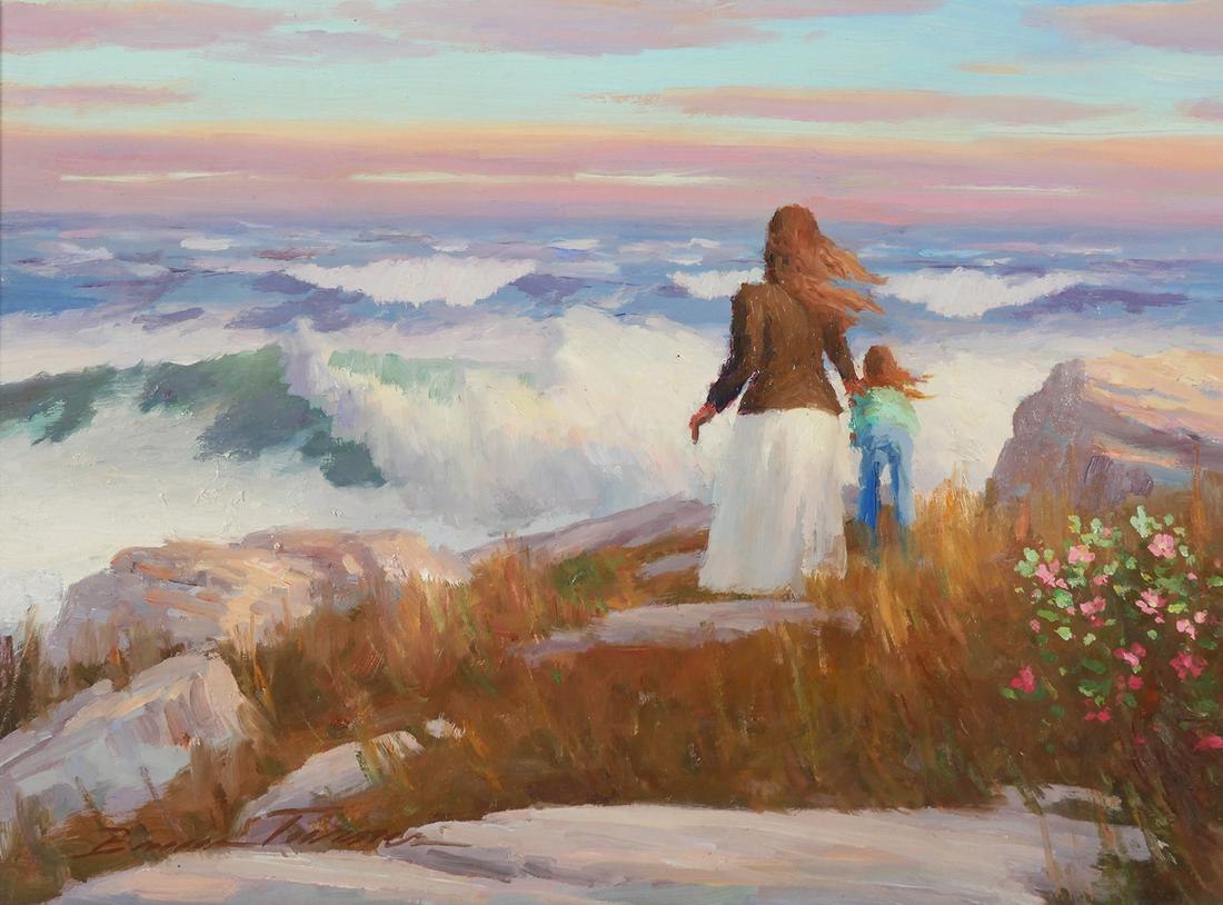 BRUCE TANNER, O/B Seascape Painting: Oil on board seascape painting showing a mother and child on the rocks in the surf. Located to Rockport Massachussetts on framing verso. Board measures 12" x 16" framed to 18 1/2" x 22 1/2". Excellent