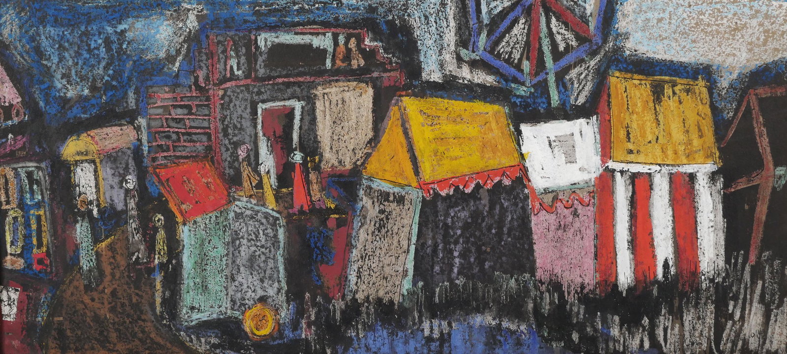 Circus Midway, 1949, Gouache, Signed Illegible: Illegibly signed gouache painting of a circus midway with colorful tents and ferris wheel in the background. Signed at lower right and dated 10/49. Excellent condition. Board measures 22 3/4" x 10 3/4