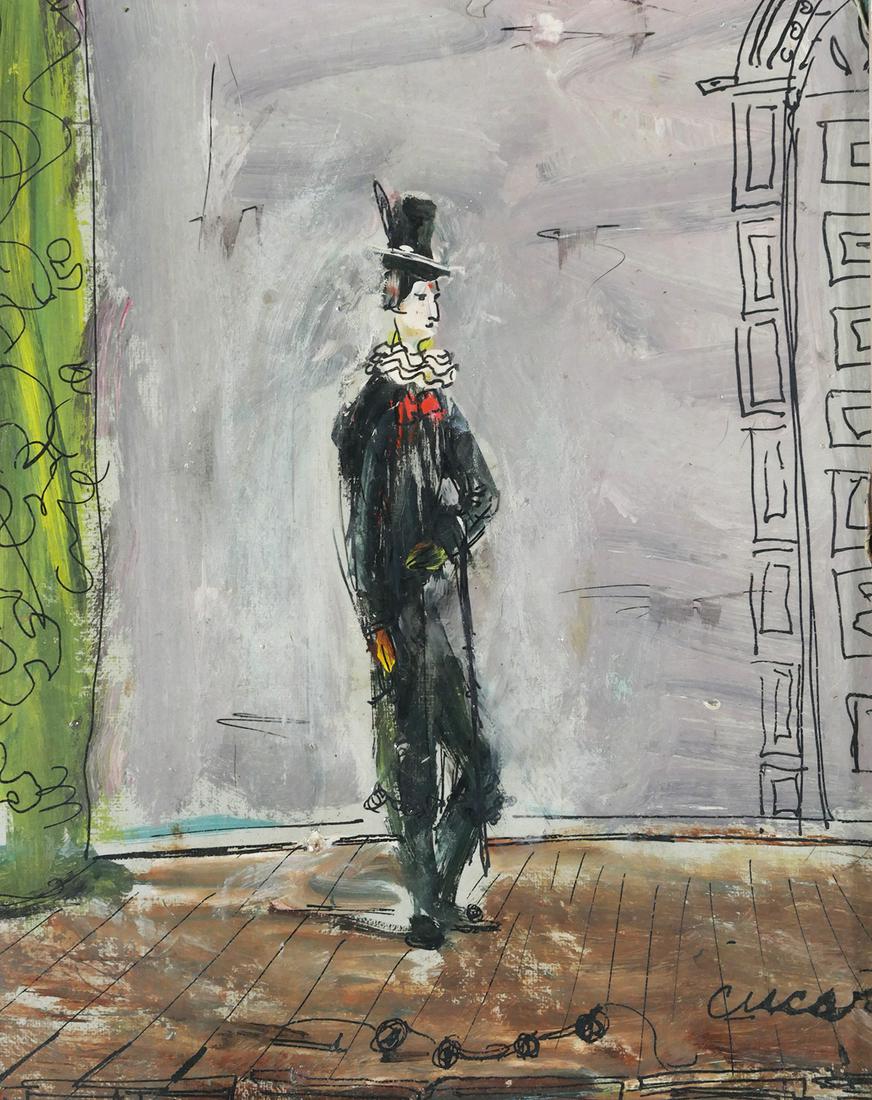 PASCAL CUCARO, Clown, Oil on Board: Oil on Board painting of a Clown by Pat (Pascal) Cucaro (American, 1915-2004). Board measures 8" x 10", framed to 14" x 16". Excellent condition. Queens College Art Collection stamp verso. Ohio born a