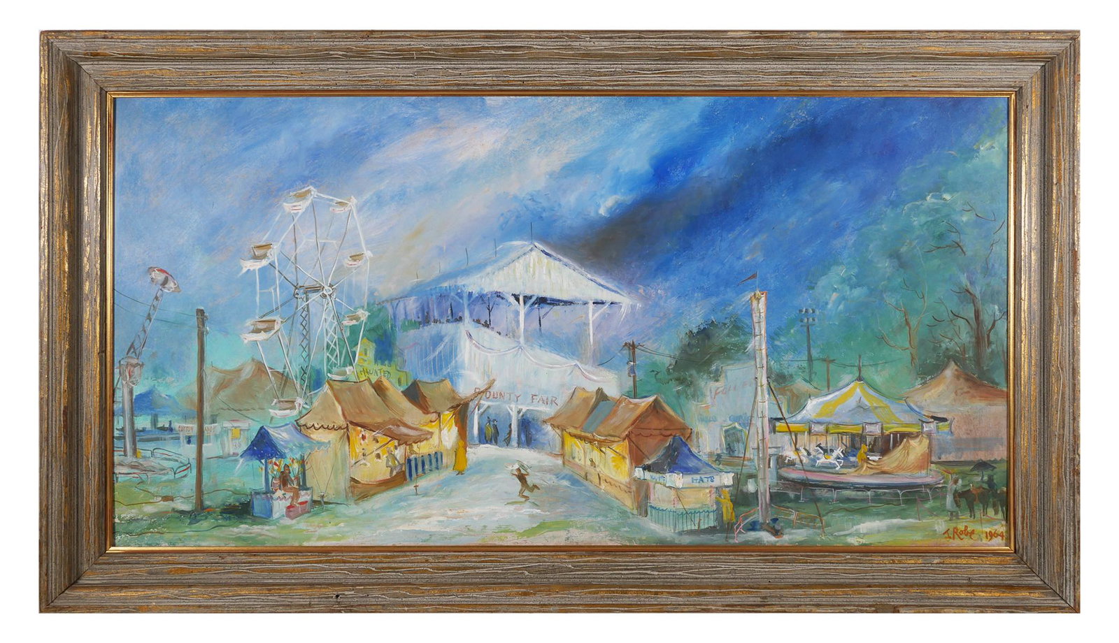JAMES ROBE, 1964 County Fair, Oil on Board: Oil on board painting of a county fair with circus tents by James Robe (American, 1928-2000). Signed at lower right and dated 1964. Artist's business card verso. Scene shows animals, ferris wheel, rid