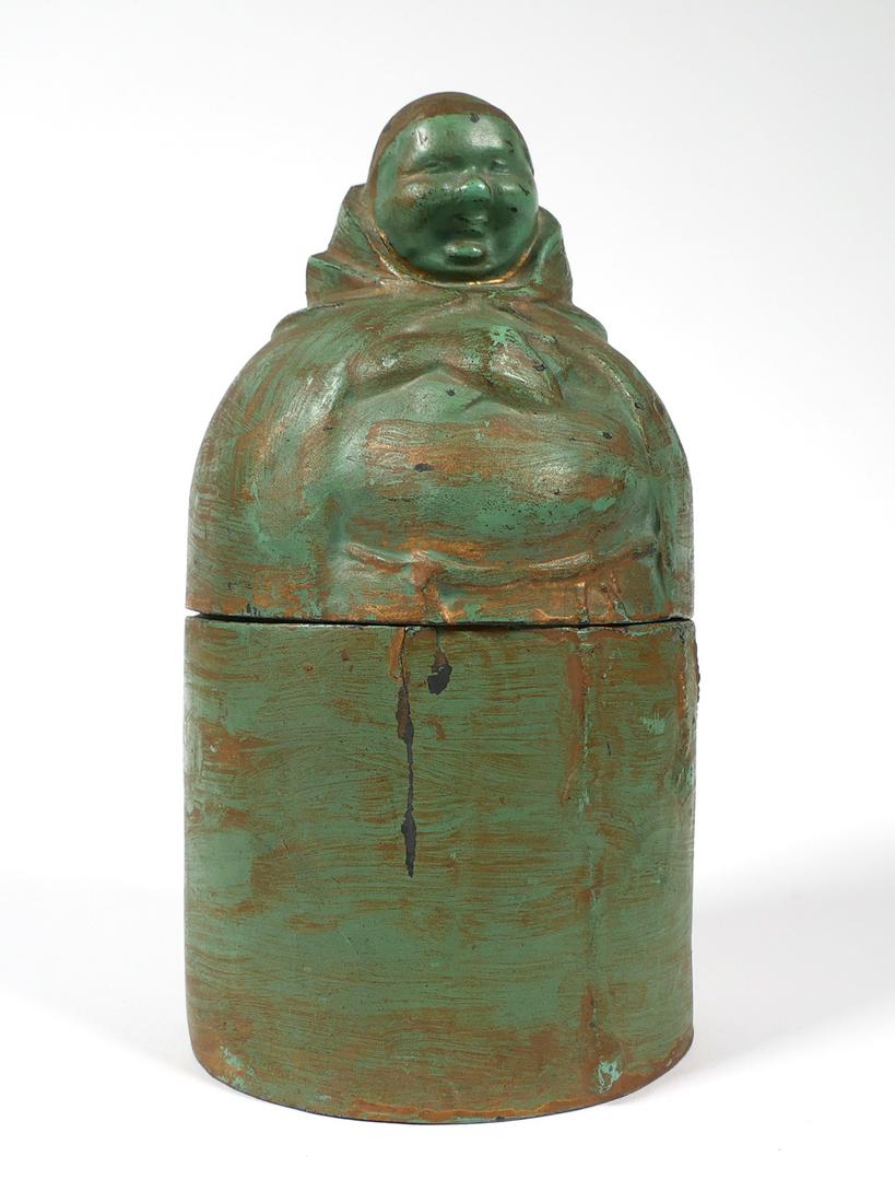 Rare FRANKART Figural Monk Friar Box: Frankart green painted metal figural box or decanter keep, in the figure of a monk or friar. Signed "FRANKART INC" on bottom. Approx. 7 1/2" tall x 3 3/4" diameter. Normal surface wear and patina to e