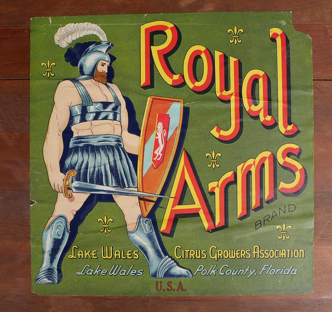 ROYAL ARMS Florida Citrus Label Wood Crate: Two vintage Royal Arms, Lake Wales Citrus Growers Association, Polk County Florida labels affixed to wood box or crate. Labels measures approx. 9" x 9". Wood crate measures 27" x 12" x 5 1/2. Both lab
