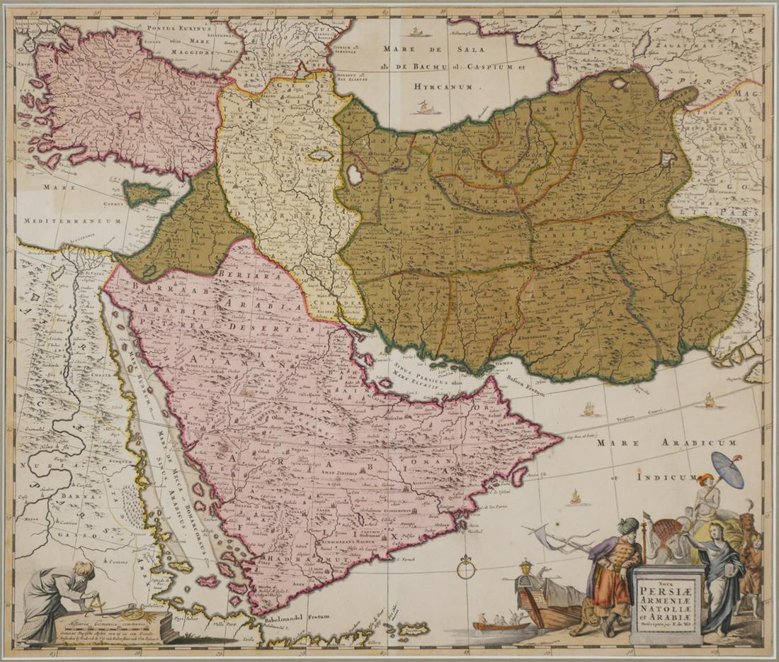 1710 Map, de Witt, Nova Persia, Armenia & Arabia: Frederick de Wit (c. 1630-1706). Engraved Map with hand color in full. Amsterdam: F. De Wit, [c. 1710]. Overall framed size is 32 1/2" x 29 1/2". The detail in the Arabian peninsula is based on Sanson