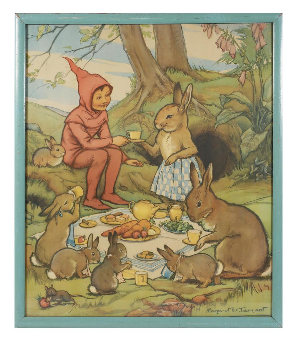 Margaret Tarrant, An Elf to Tea, 1930s Poster: Vintage 1930s offset poster of an illustration from "An Elf to Tea" by Margaret Tarrant. Signed in the plate at lower right. Measures 19" x 22" in period frame. Excellent visual condition.