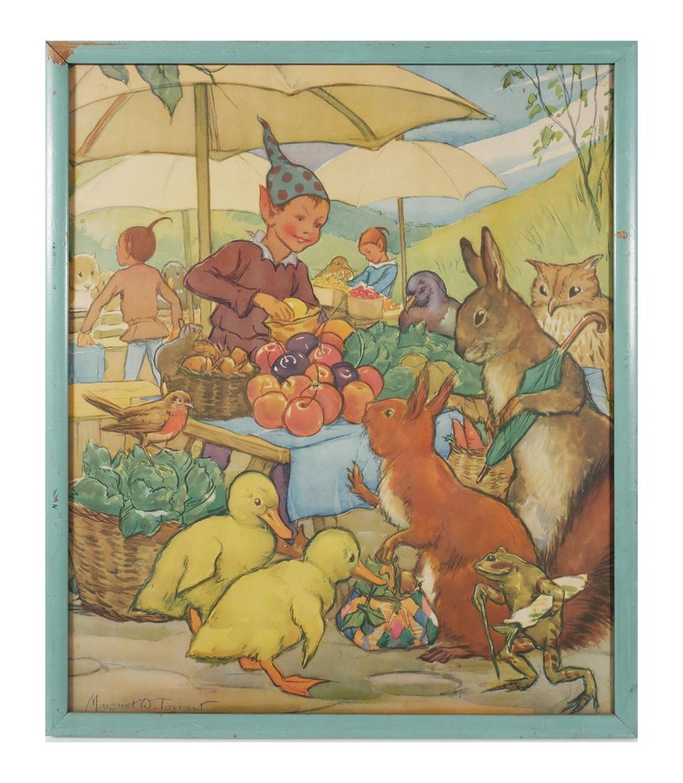 Margaret Tarrant, Market Day, 1930s Poster: Vintage 1930s offset poster of an illustration of an elf at a market by Margaret Tarrant. Signed in the plate at lower right. Measures 19" x 22" in period frame. Excellent visual condition.
