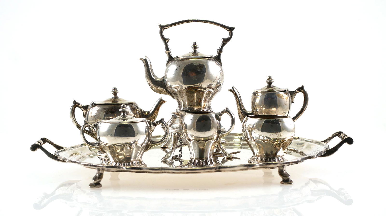 WILLIAM B MEYERS Sterling Miniature TEA SET: Vintage WILLIAM B MEYERS 7 piece sterling miniature tea set. Mini sterling silver tea set all hallmarked with Meyers' M on underside. Set includes: Serving platter or tray 6 1/8" x 3 3/8", samovar 2 1