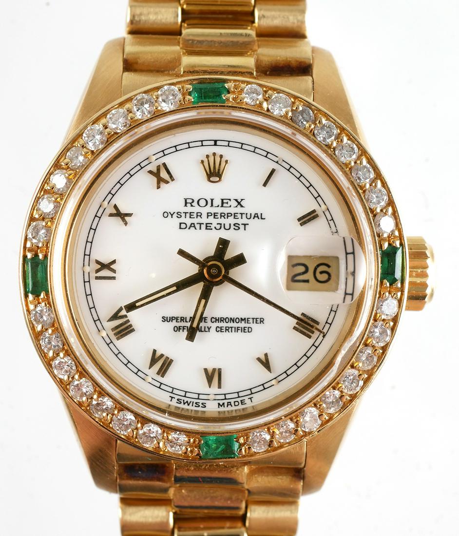 ROLEX Ladies Datejust 18k Diamonds Emeralds: Rolex Oyster Perpetual Date Just Superlative Chronometer, ladies 18k yellow gold. Running perfectly, fine condition with minimal to non-existent wear. Added links make bracelet about 5-3/4" (making it