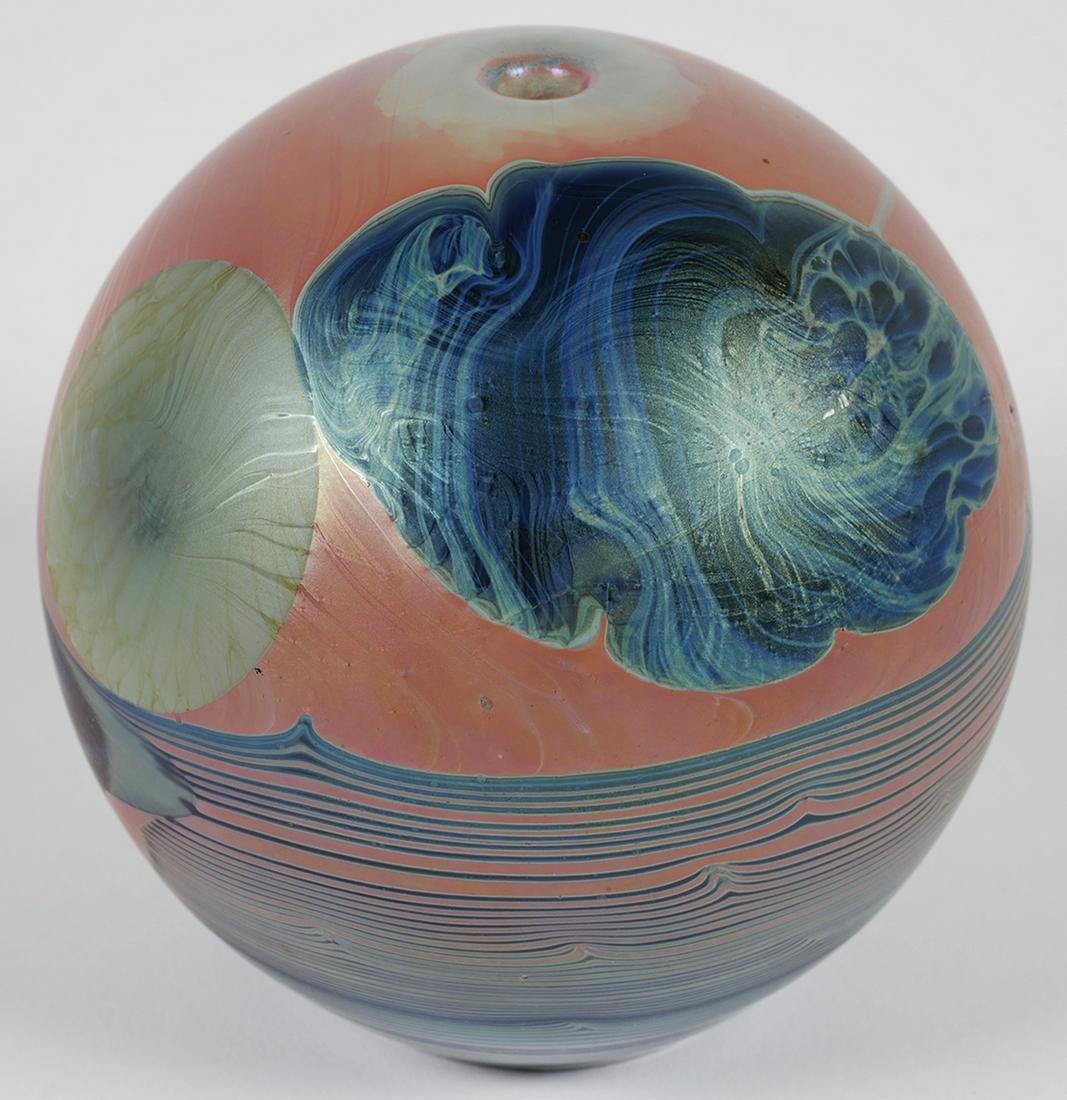 JOHN LEWIS 1976 Moon Vase Paperweight: Ball vase, signed and dated by contemporary art glass maker John Lewis. Measures about 4-1/2" in diameter. Fine condition, with some shelf wear on bottom, but no damage.