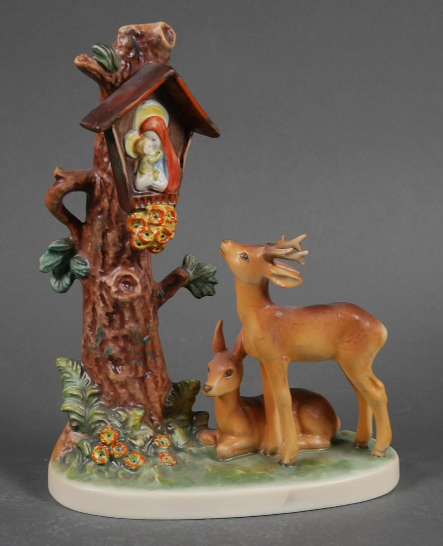 Large Hummel FOREST SHRINE 183 TMK7: Large Hummel, Forest Shrine. New Style. Old Name "Doe at Shrine." Hummel measures approx. 9" tall. Hum 183, TMK-7. No cracks, chips, crazing or repairs. Box included with age appropriate wear. See our