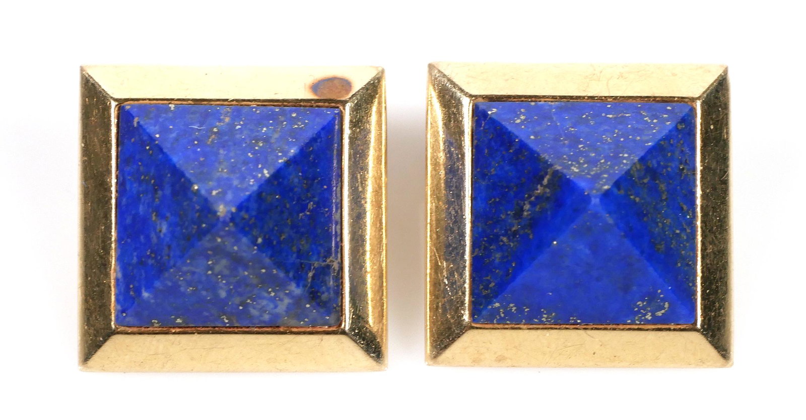 PAUL MORELLI 14K Lapis Lazuli Designer Earrings: Earrings are set in 14K yellow gold with 4 sided lapis lazuli pyramid shaped stones. Earrings are signed by designer Paul Morelli in block lettering. Total weight 10.7 grams. Earrings measure approx. 