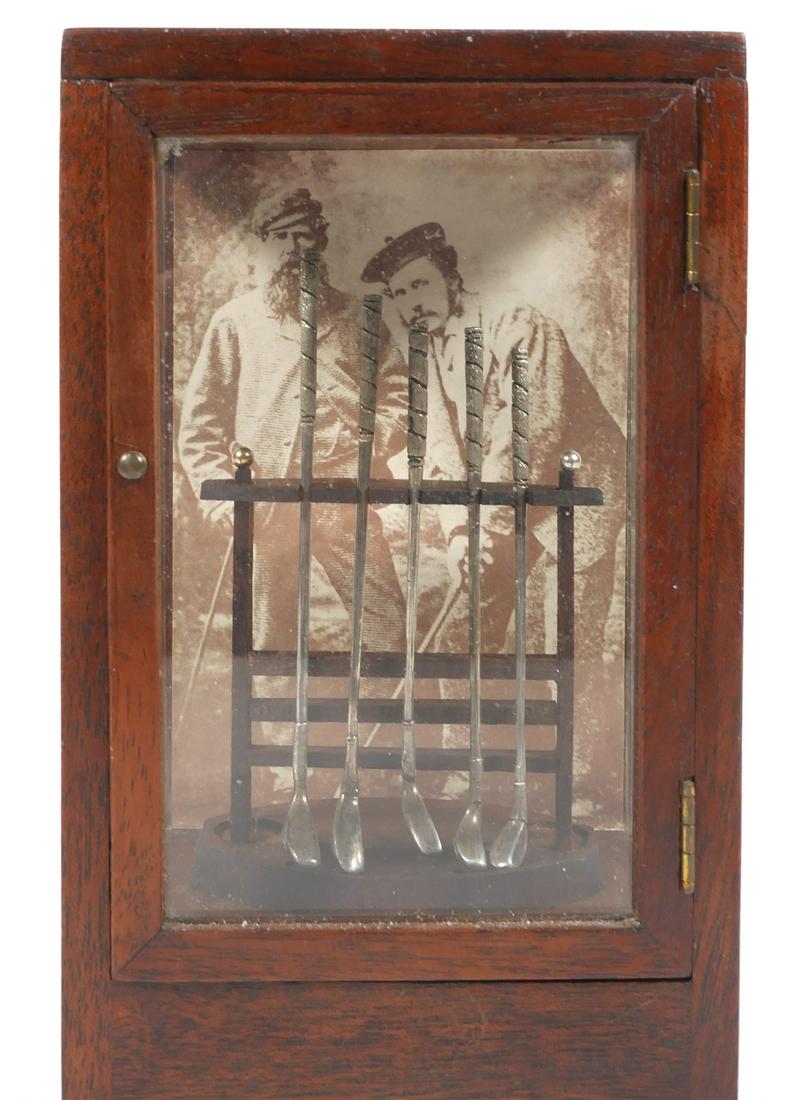 1987 Memorial Tom Morris Silver Golf Club Display: Old & Young Tom Morris 1987 Memorial Tournament sterling silver 5 replica woods set. The Memorial Tournament famously gives gifts to the players competing in its tournament each year. Offered here is 