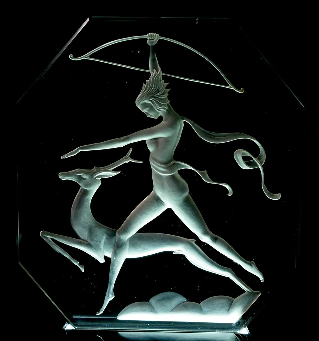 Art Deco Nude Diana Intaglio Glass Plaque: Antique Art Deco period circa 1930 beveled glass plaque with deep intaglio depicting nude woman with bow, along with an antlered deer. Likely made to be inserted into the slot of a lamp base, though s
