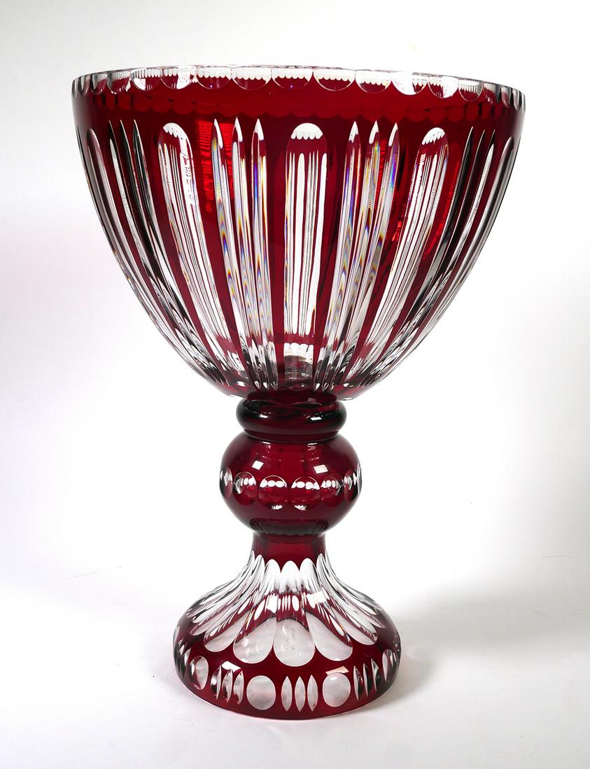 Bohemian Czech Cut to Clear Crystal Centerpiece: Large crimson red Bohemian Czech cut to clear crystal centerpiece. Exquisite bowl with cut to clear panels. Approx. 16" x 11 1/2". Excellent condition with no crack, chips or repairs. See photos.