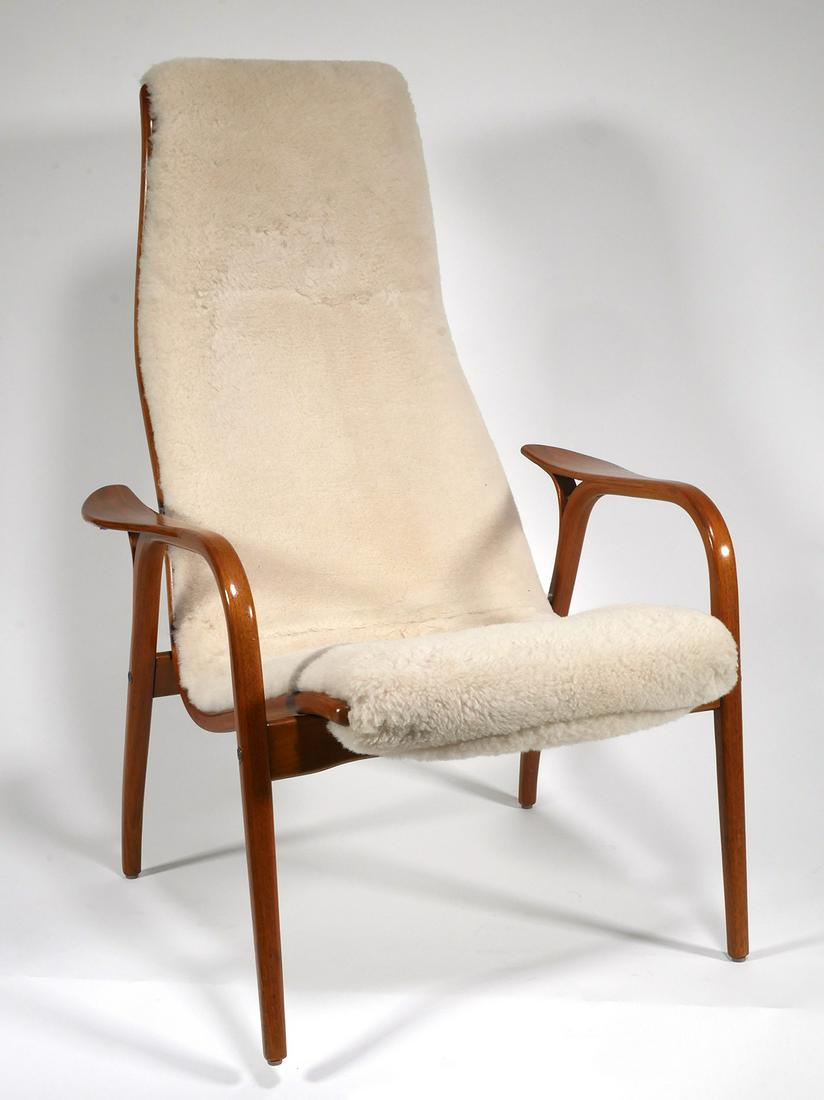 LAMINO Chair, Yngve Ekstrom for Swedese: Lamino Chair by Yngve Ekström for Swedese. Designed 1956. Sheepskin upholstery. Measures about 40" tall and 27-1/2" wide at outside edge of arms. Seat height is about 16". Fine condition, with origin