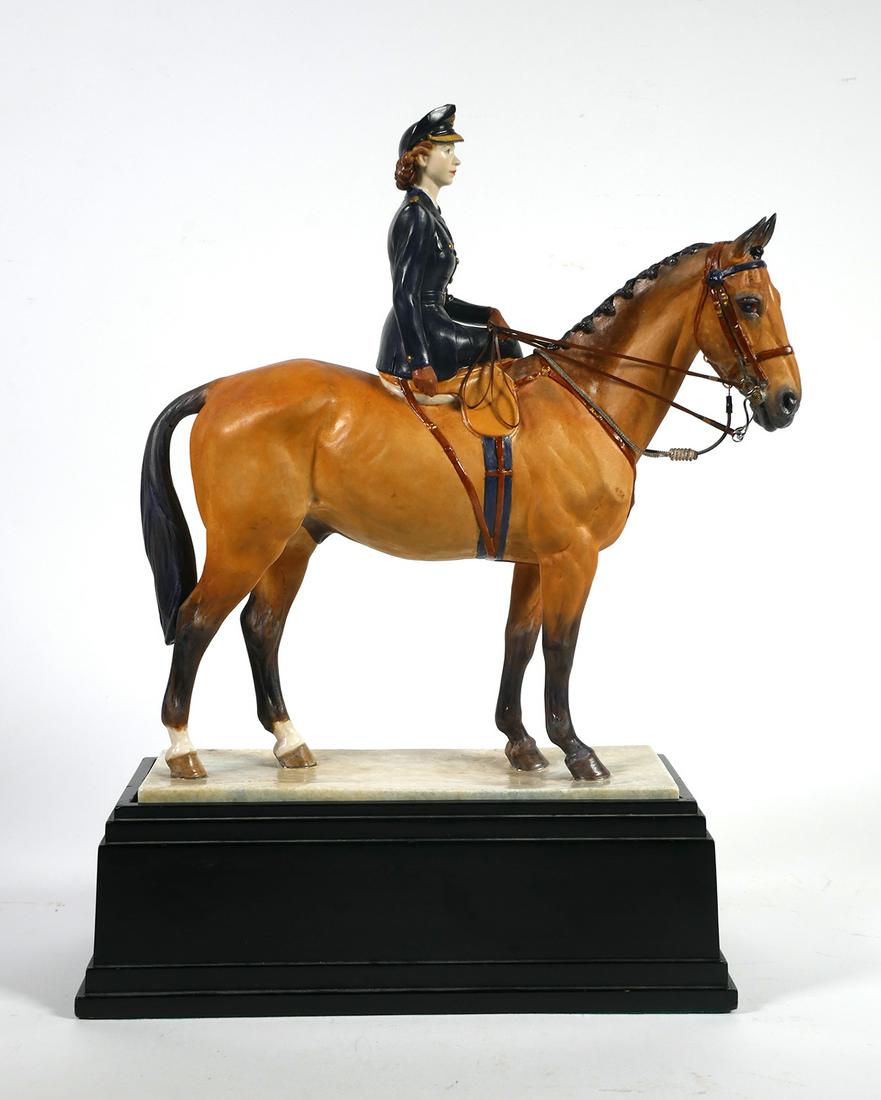 Royal Worcester Princess Elizabeth, Doris Lindner: Exceptionally rare porcelain piece by Royal Worcester, a model of Princess Elizabeth in the uniform of Colonel-in-Chief of the Grenadier Guards in 1947 on the police horse, Tommy, on the occasion of t