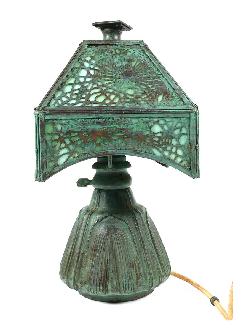 Tiffany Studios Style Budoir Table Desk Lamp: Vintage boudoir table or desk lamp with 8 green slag glass panels, in the manner of Tiffany Studios. Lamp is in working condition. Lamp measures approx. 12" tall x 6 1/2" with shade. No chips or crack