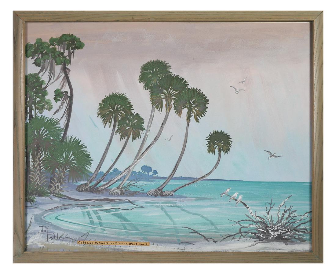JOY POSTLE, Florida Gouache Painting: Gouache or watercolor painting of a coastal scene with palm trees by Florida artist Joy Postle. Signed LL. Overall framed size is 21" x 17 1/2". Very good condition.