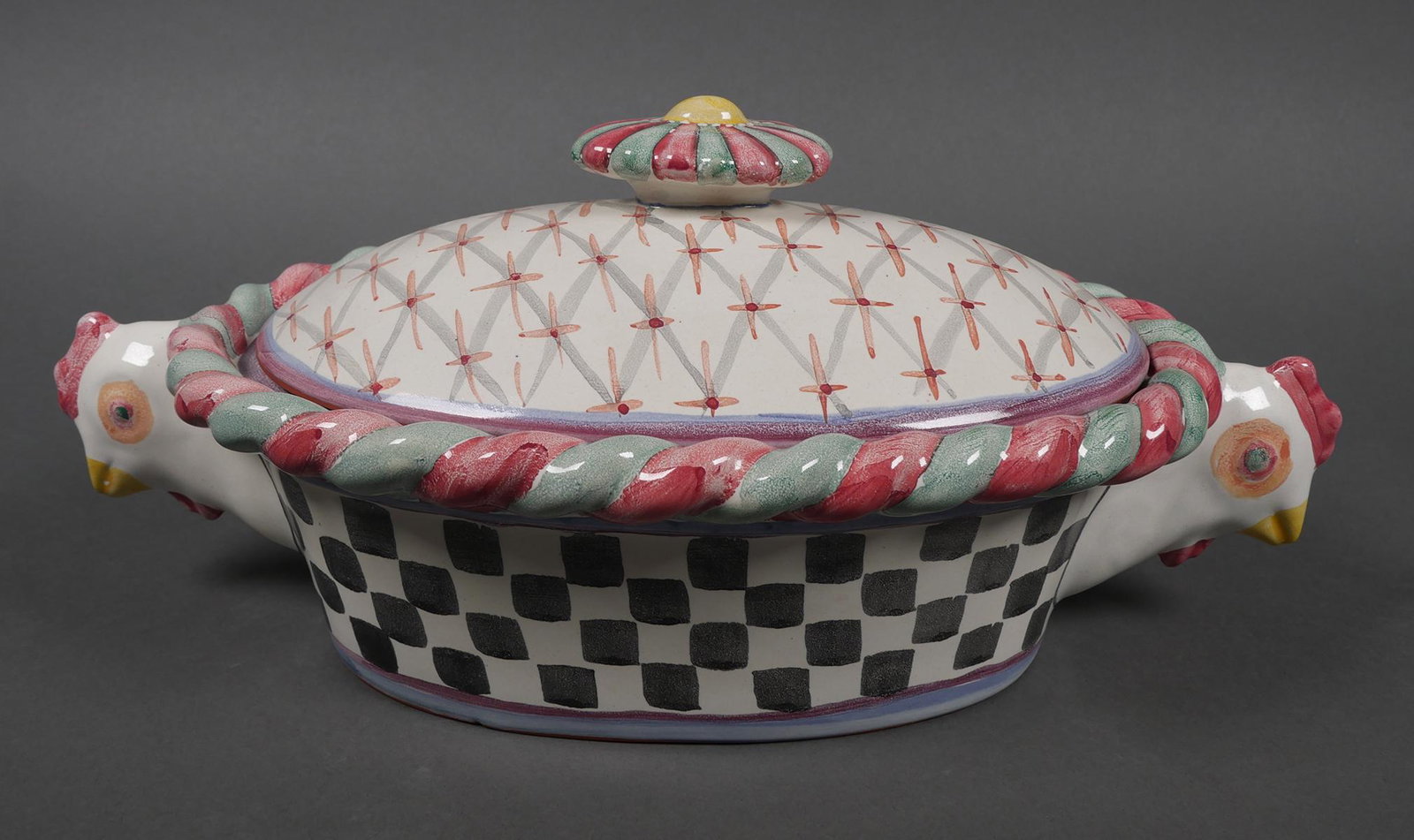 Mackenzie Childs PICCADILLY CHICKEN casserole dish: Mackenzie-Childs piccadilly chicken covered casserole dish. Dish measures approx. 14 1/2" handle to handle x 7 1/2" deep x 6" tall. Excellent condition with no cracks, chips, stains or crazing. See ph