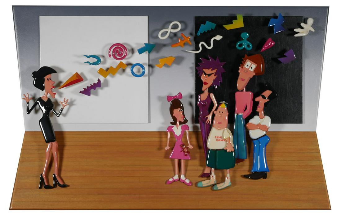 ROARK GOURLEY, Museum Tour Wall Hanging: 3-D wood acrylic and resin painting, showing a museum tour group, by Roark Gourley (American, b. 1949) signed lower right and numbered A/P (artist proof) in gold marker at lower left. Excellent condit