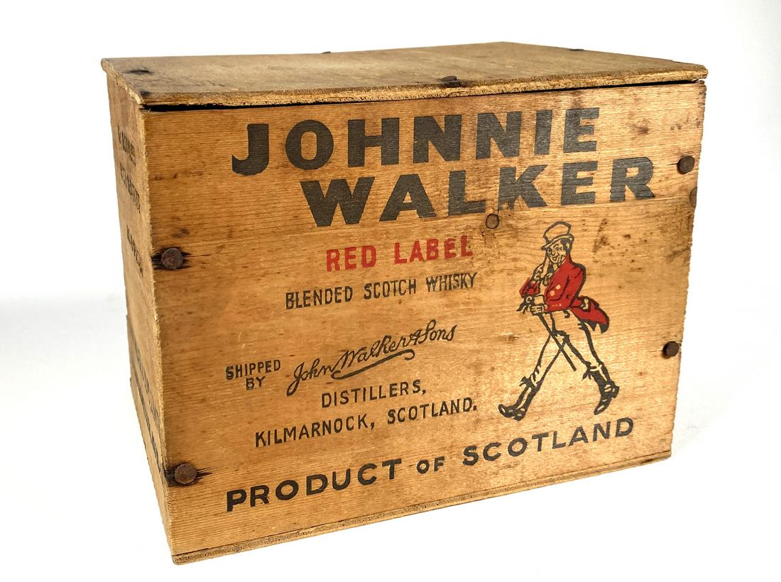 JOHNNIE WALKER RED 12 Mini Bottles in Wood Crate: Rare old vintage crate of 12 1/10-pint bottles of Johnnie Walker Red, imported by Canada Dry. Circa 1960s. Never opened. See images for detail -- back side of crate has split. PLEASE NOTE: This item i