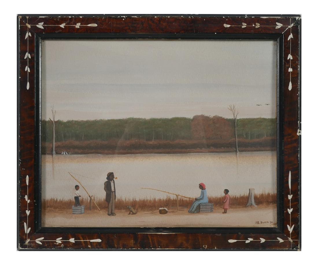 J.E. BAKER, Folk Art Beach Scene, Black Americana: Watercolor painting of an African American family fishing in a Florida wetland. Signed J. E. Baker at lower right, possibly for Julia Elder Baker (American, 19th/20th) and dated to 1934. Framed behind