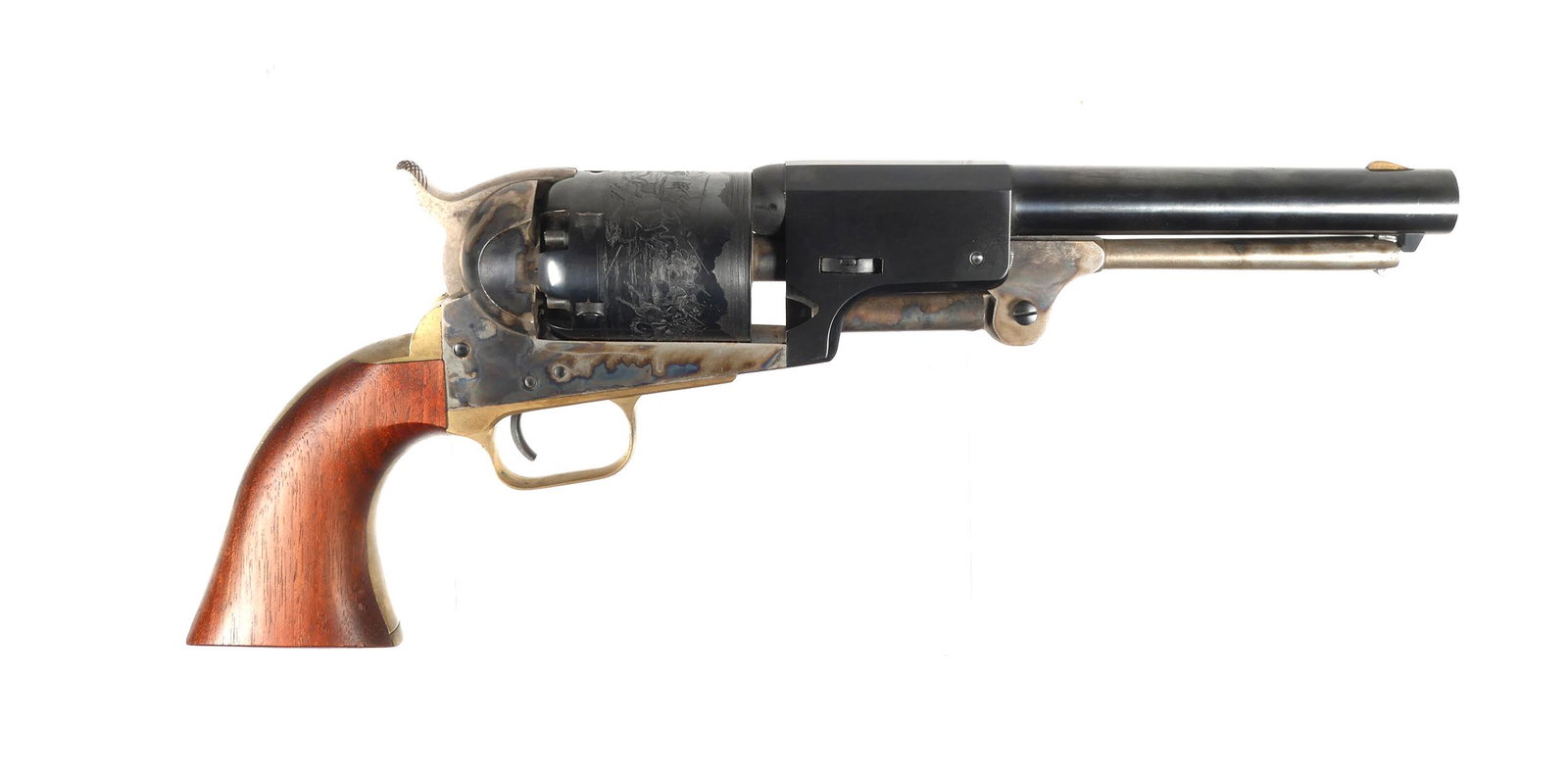 Colt Dragoon 3rd Model Revolver Reproduction: ASM Third Model Colt Dragoon replica. Fully functional .44 caliber black powder percussion revolver by Armi San Marco. Serial number 669061. Barrel is 7 1/2" and marked "A.M.S. BLACK POWDER ONLY MADE 